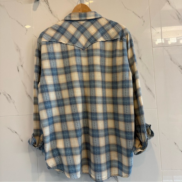 Lucky Brand, flannel blue/cream/tan plaid shirt, Large - Picture 3 of 7